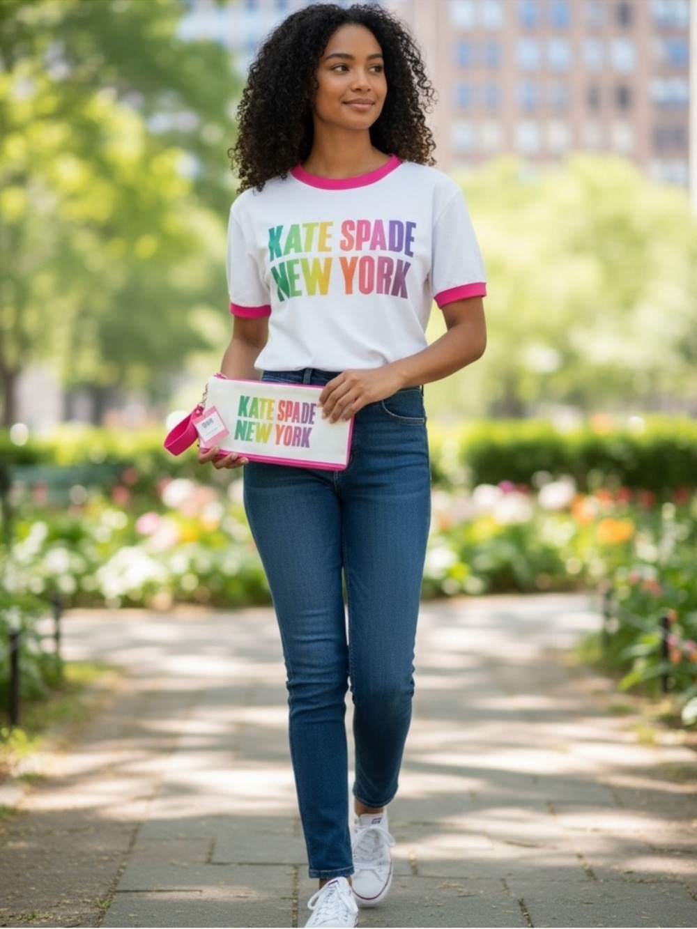 kate spade White Wristlet Clutch with Pink Trim and Multicolor Logo - Picture 2 of 7